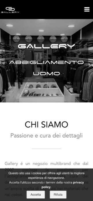 Home attuale di gallery-shop.it: foto del negozio in bianco e nero e la sezione Chi siamo